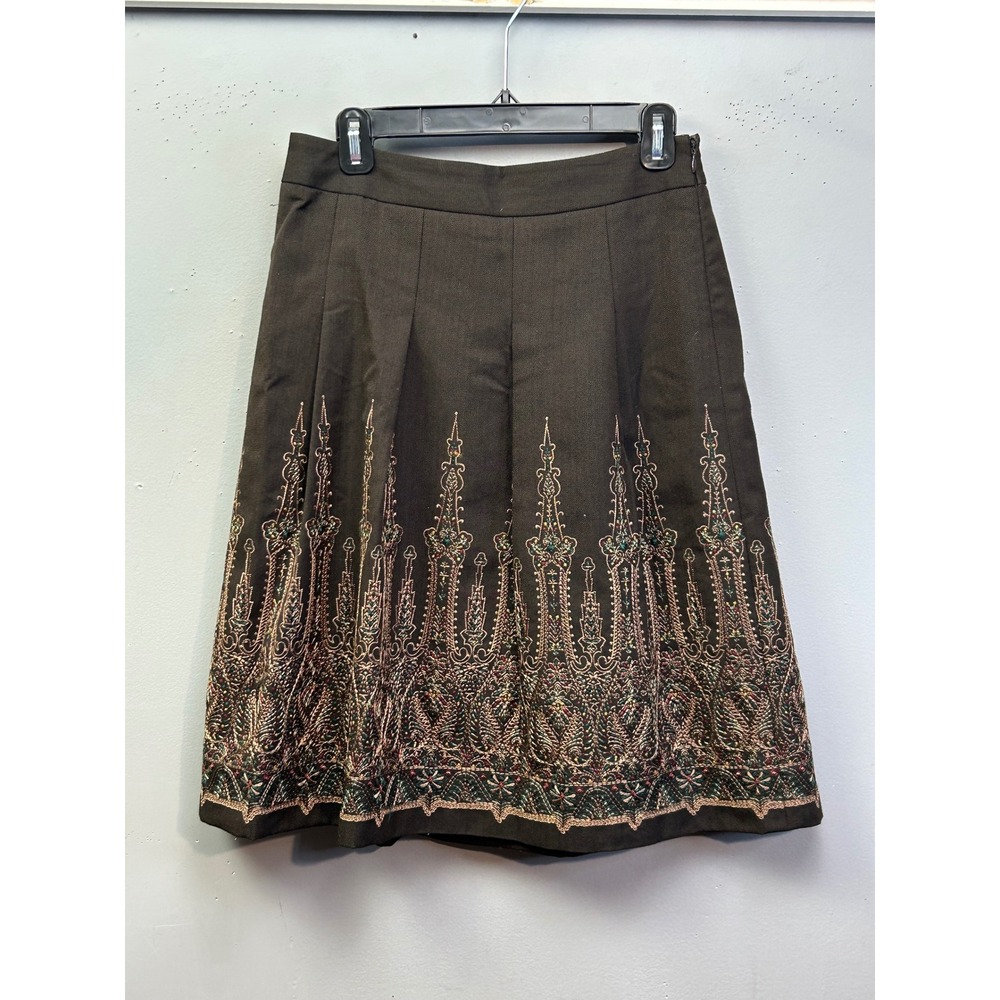 Ann Taylor LOFT Skirt Womens 4P Brown Embroidered Herringbone A-Line Knee Length